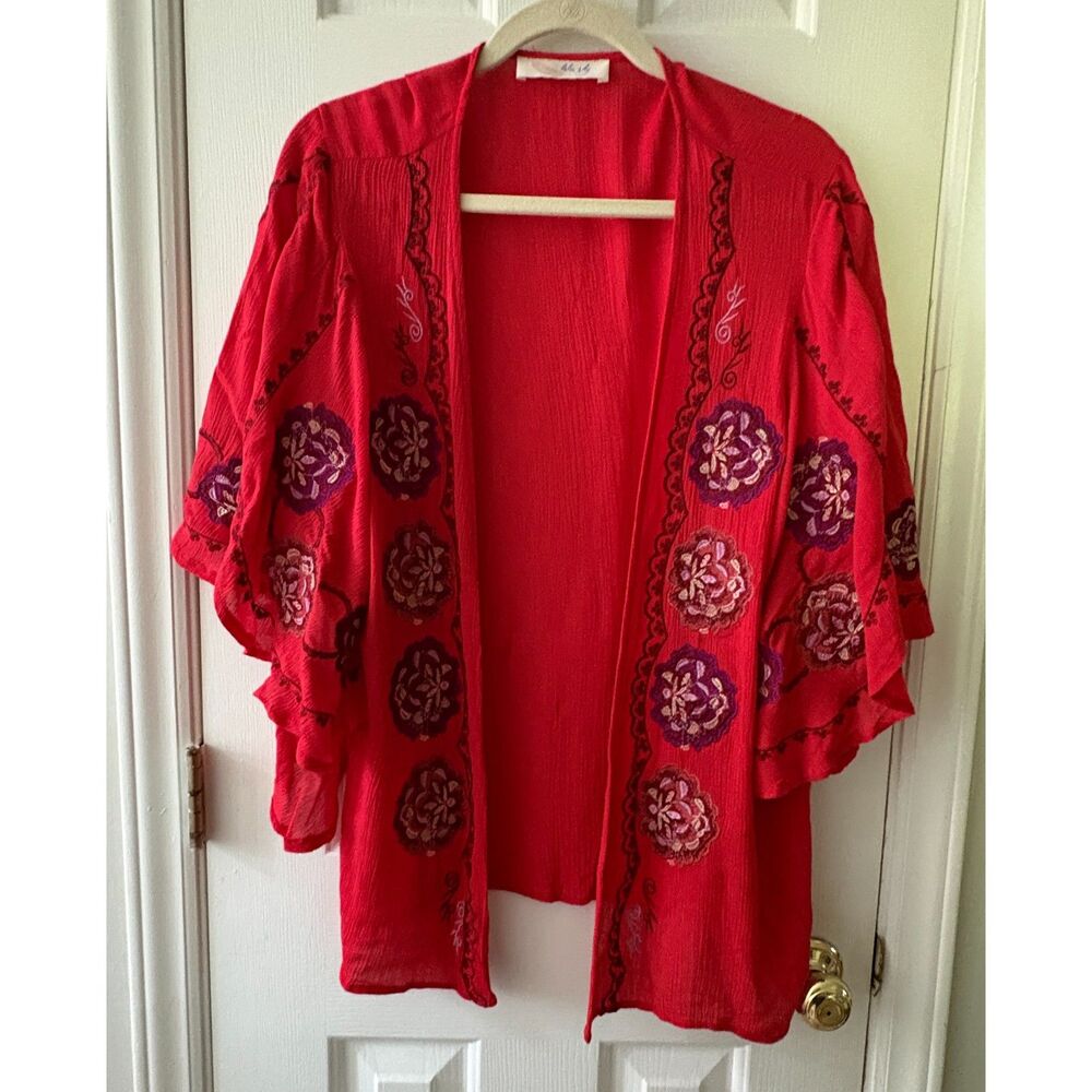 Lela Sky Red Kimono Embroidered Flowers Size M Boho Festival